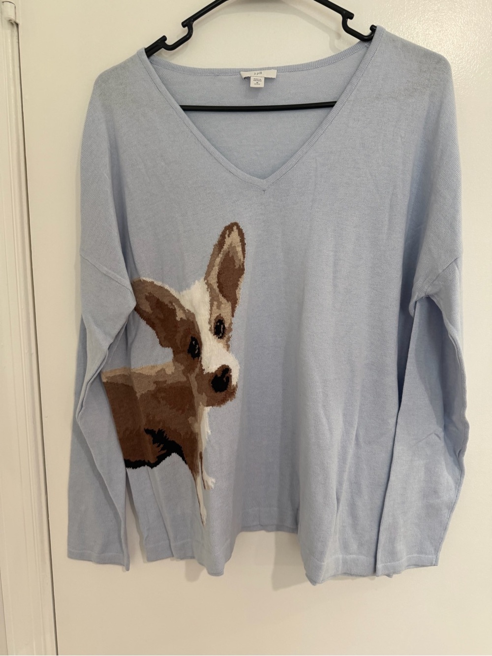J.Jill Lulu Corgi Dog Sweater Blue V Neck Novelty Knit Cottagecore Preppy M